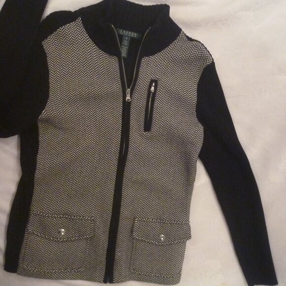 Lauren Women M Herringbone Black White Sweater Cardigan Zip Ribbed Colorblock - Picture 3 of 16
